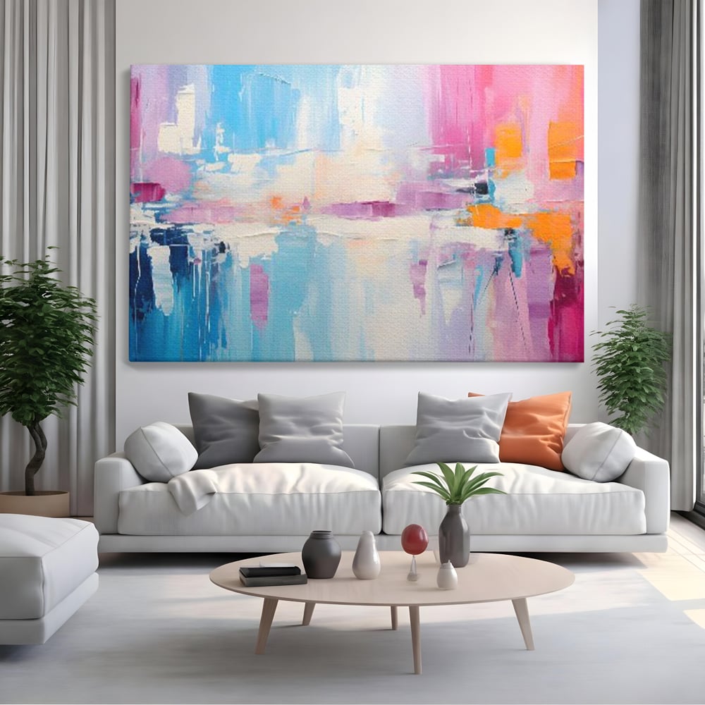Tablou canvas cu pictura abstracta orizontala in nuante vibrante, fara rama, pe sasiu de lemn, pe perete intr-un living